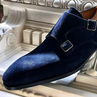 Handmade Navy Blue Double Monk Strap Suede Shoes - Thumbnail 1