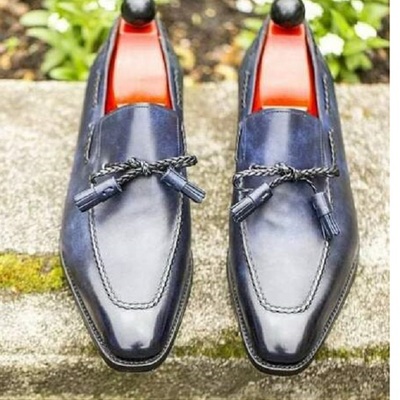 Elegant men's blue leather handmade slip ons tassels loafer christmas shoes