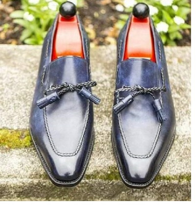 Elegant Men's Blue Leather Handmade Slip Ons Tassels Loafer Christmas Shoes