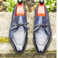 Elegant Men's Blue Leather Handmade Slip Ons Tassels Loafer Christmas Shoes - Thumbnail 1