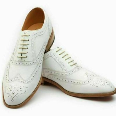 Handmade classic cow white wingtip oxfords  brogue leather lace up shoes - Thumbnail 4