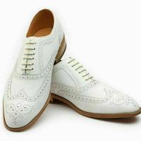 Handmade Classic Cow White Wingtip Oxfords  Brogue Leather Lace Up Shoes - Thumbnail 1