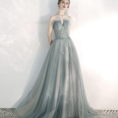 Stylish tulle lace long prom dress green evening dress - Thumbnail 3