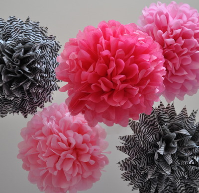 10 Paper Pom Poms | Bridal Shower | Princess Party | Birthday | Zebra Print