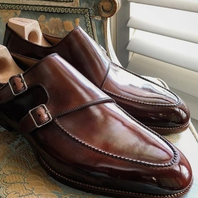 New dark brown double monk strap leather handstitch men's christmas shoes