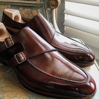 New Dark Brown Double Monk Strap Leather Handstitch Men's Christmas Shoes - Thumbnail 1