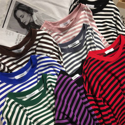 Cute Casual Stripe Round Neck Long Sleeve Tee Shirt T-shirt Top Plus Oversized Baggy E-Girl Kawaii Korean Japanese Harajuku Retro Streetwear