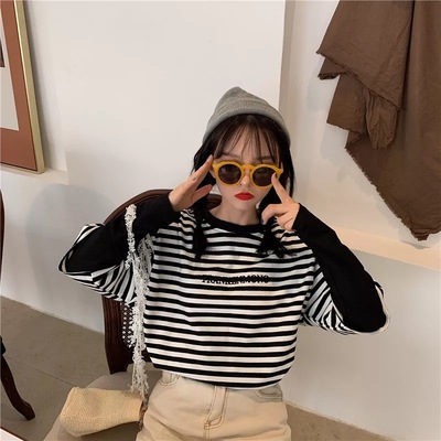 Cute Casual Letter Stripe Patchwork Long Sleeve Tee Shirt T-shirt Top Spring Summer O-neck E-Girl Kawaii Korean Japanese Harajuku Retro Streetwear