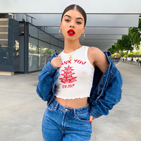 Cute Chinese Takeout Letter Embroidery White Tank Top Cropped Camisole Tee Shirt T-shirt E-Girl Kawaii Korean Japanese Harajuku Retro Streetwear - Thumbnail 5