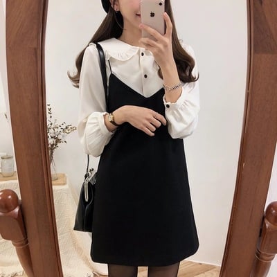 Cute 2pcs summer preppy white ruffle peterpam collar black vintage v dress e-girl kawaii korean japanese harajuku retro streetwear - Thumbnail 5