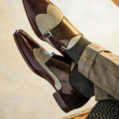 Christmas hot sale two tone leather suede wingtip double monk strap men's shoes - Thumbnail 3