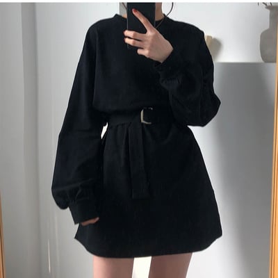 Cute solid color long sleeve t-shirt shirt dress with belt loose oversized woman spring autumn e-girl kawaii korean japanese harajuku retro streetwear - Thumbnail 4