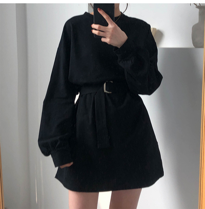 Cute Solid Color Long Sleeve T-shirt Shirt Dress With Belt Loose Oversized Woman Spring Autumn E-Girl Kawaii Korean Japanese Harajuku Retro Streetwear