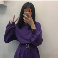 Cute Solid Color Long Sleeve T-shirt Shirt Dress With Belt Loose Oversized Woman Spring Autumn E-Girl Kawaii Korean Japanese Harajuku Retro Streetwear - Thumbnail 4