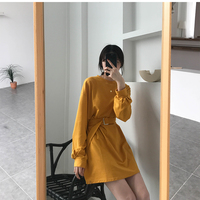 Cute Solid Color Long Sleeve T-shirt Shirt Dress With Belt Loose Oversized Woman Spring Autumn E-Girl Kawaii Korean Japanese Harajuku Retro Streetwear - Thumbnail 6