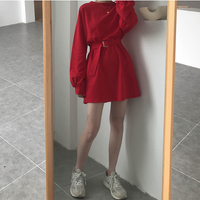 Cute Solid Color Long Sleeve T-shirt Shirt Dress With Belt Loose Oversized Woman Spring Autumn E-Girl Kawaii Korean Japanese Harajuku Retro Streetwear - Thumbnail 8