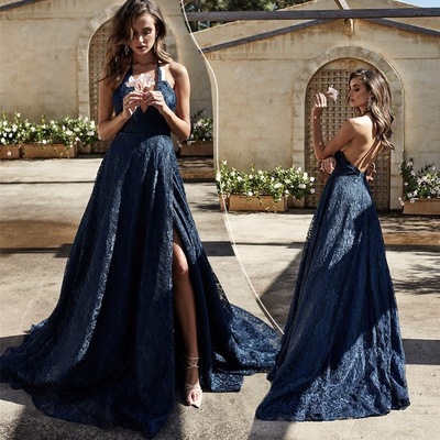 Halter dark navy blue prom dresses - Thumbnail 3