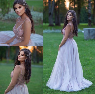 Spaghetti Straps Prom Dresses with Rhinestones