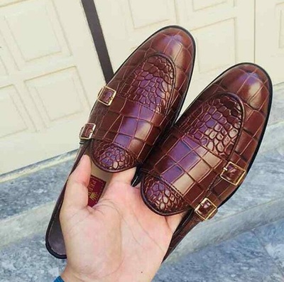 Maroon Textured Leather Double Monk Dress Shoes for Men