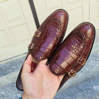 Maroon Textured Leather Double Monk Dress Shoes for Men - Thumbnail 1