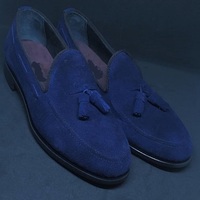 Men's Blue Tassel Loafer Slip On Genuine Suede Leather Rounded Apron Toe Handmade Shoes - Thumbnail 1