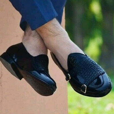 Handmade alligator style monk strap black patent leather loafers for men's