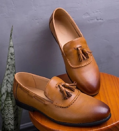 Brown Tassel Loafer Slip On Real Leather Rounded Burnished Derby Toe Handmade Shoes