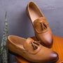 Brown Tassel Loafer Slip On Real Leather Rounded Burnished Derby Toe Handmade Shoes-4
