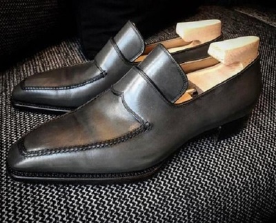 Men's Handmade Gray Round Toe Leather Loafers Shoes