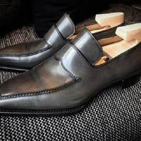 Men's Handmade Gray Round Toe Leather Loafers Shoes - Thumbnail 1