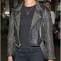 Handmade Biker Jacket, Men's Black Zipper Studded Leather Jacket - Thumbnail 1