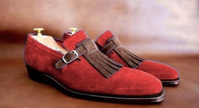 Red Suede Brown Monk Fringed Real Leather Derby Toe Handmade Fashion Shoes
