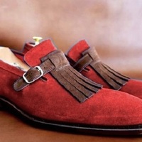 Red Suede Brown Monk Fringed Real Leather Derby Toe Handmade Fashion Shoes - Thumbnail 1
