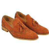 Wing Tip Suede Brown Tassel Loafer Slip On Genuine Leather Derby Toe Handmade Tan Sole Shoes - Thumbnail 1
