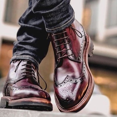 Best men handmade burgundy black tone leather wingtip lace up military boot - Thumbnail 5