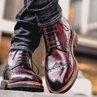 Best Men Handmade Burgundy Black Tone Leather Wingtip Lace Up Military Boot - Thumbnail 1