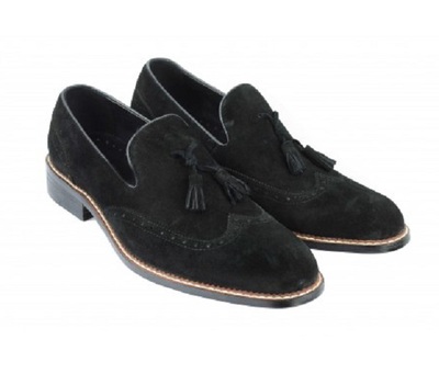 Tassel Loafer Slip On Black Real Suede Leather Derby Toe Handmade Wing Tip Shoes