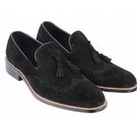 Tassel Loafer Slip On Black Real Suede Leather Derby Toe Handmade Wing Tip Shoes - Thumbnail 4