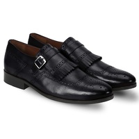 Black Monk Single Buckle Strap Fringed Genuine Leather Brogue Toe Handmade Men Shoes - Thumbnail 4