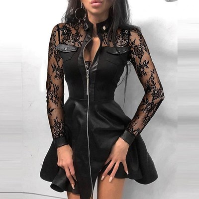 Sexy stand collar long sleeve flare dress