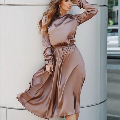  satin o-neck vintage long dress - Thumbnail 2
