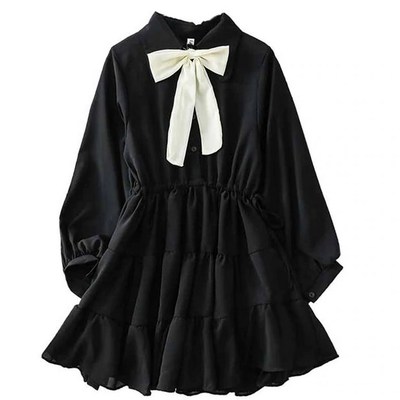 Black and white turn down collar long sleeve cute dress - Thumbnail 3