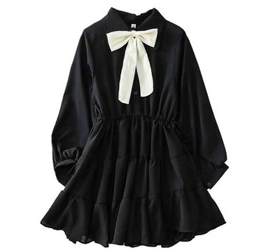 Black and White Turn Down Collar Long Sleeve Cute Dress