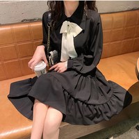 Black and White Turn Down Collar Long Sleeve Cute Dress - Thumbnail 1