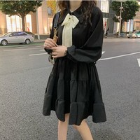 Black and White Turn Down Collar Long Sleeve Cute Dress - Thumbnail 2