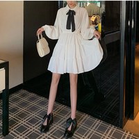 Black and White Turn Down Collar Long Sleeve Cute Dress - Thumbnail 3