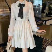 Black and White Turn Down Collar Long Sleeve Cute Dress - Thumbnail 5
