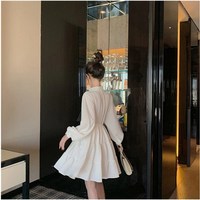 Black and White Turn Down Collar Long Sleeve Cute Dress - Thumbnail 6