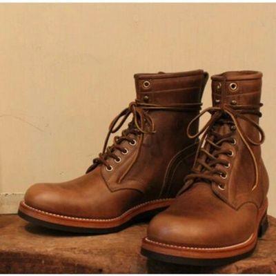 Handmade men's brown round toe lace up ankle dress boots, real leather boots - Thumbnail 1