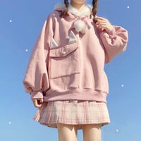 Cute Ear Pompon Pastel Color Hooded Sweatshirt - Thumbnail 4
